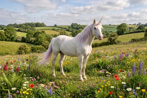 Puzzle Licorne blanche dans une prairie fleurie
